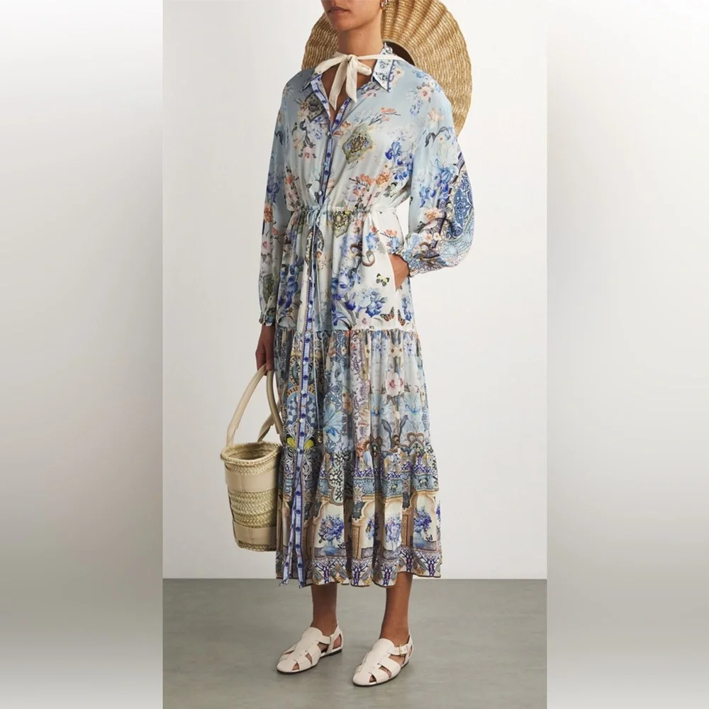 NWT Camilla Floral Silk Tiered Midi Shirtdress Size XS crystals blue - Picture 8 of 15